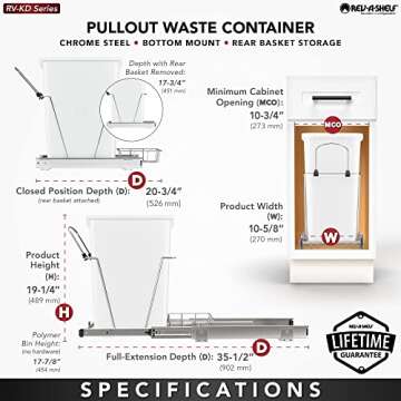 Rev-A-Shelf Pullout Trash Can for Kitchen Cabinets 35 Quart 12 Gallon Garbage Waste Recycling Bin with Full Extension Slides, White, RV-12KD-11C