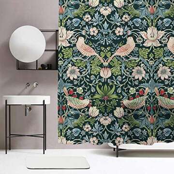 Obal William Morris Shower Curtain, Original Design Green Shower Curtain Set for Bathroom Heavy Weight Fabric Decorative Bath Curtain Washable Curtain Hooks, 71x71” Strawberry Thief