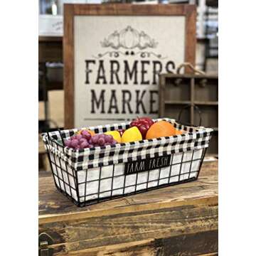 Rae Dunn ‘Farm Fresh’ Metal Lined Basket - Rustic, Farmhouse, Vintage Style with Wire and Fabric - Storage Organizer for Kitchen, Pantry, Laundry Room, Closet, Nursery, Office - Cute Home Décor