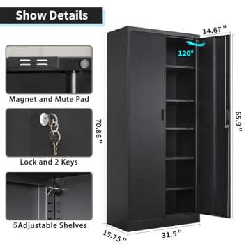 Wanfu Metal Storage Cabinet, 71”H Metal Garage Cabinet with 5 Adjustable Shelves, Locking Storage Cabinets for Garage, Home, Office, Pantry(Black)