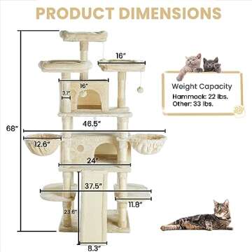 SHA CERLIN 68 Inches Multi-Level Cat Tree Tower with Condo, Plush Perches, Scratching Posts, Hammocks, and Play House, Beige