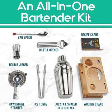 Mixology Bartender Kit - 8-Piece Cocktail Shaker Set with Wood Stand, Recipe Cards, and Bar Accessories Ideas (Silver)