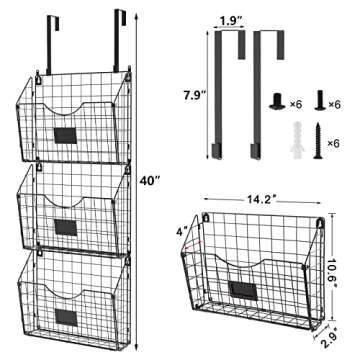 X-cosrack 3-Tier Hanging Wall Files Rack with Door Hooks and 6pcs S Shape Hooks, Over the Door File Organizer &Mounts on Wall Metal Folder, with Tag Slot Great for Office Home and Work- Black