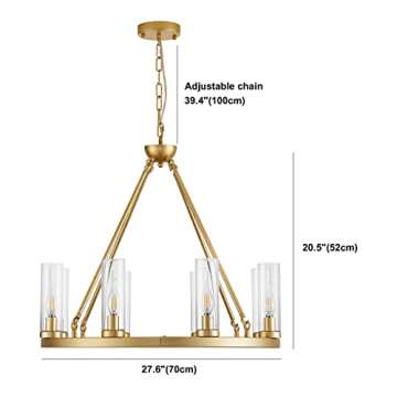 Uboxin Farmhouse Chandeliers for Dining Room, 8-Light Kitchen Island Lighting Fixture, Metal Wagon Wheel Chandelier with Clear Glass Vintage Round Pendant Lights(26in-8 Lights, Gold)