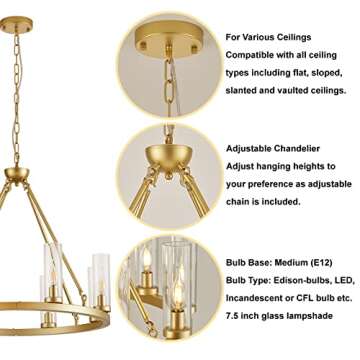 Uboxin Farmhouse Chandeliers for Dining Room, 8-Light Kitchen Island Lighting Fixture, Metal Wagon Wheel Chandelier with Clear Glass Vintage Round Pendant Lights(26in-8 Lights, Gold)