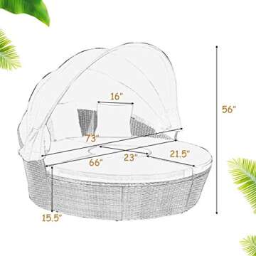 Tangkula Patio Round Daybed with Retractable Canopy, Outdoor Wicker Rattan Furniture Sets, Sectional Cushioned Sofa Set w/Height Adjustable Coffee Table, Rattan Conversation Sets (Beige)