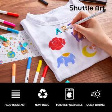 Shuttle Art 28 Colors Fabric Markers, Fabric Markers Permanent Markers for T-Shirts Clothes Sneakers Jeans with 11 Stencils 1 Fabric Sheet,Permanent Fabric Pens for Kids Adult Painting Writing