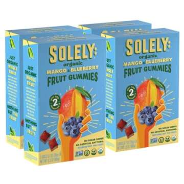 SOLELY - Organic Mango & Blueberry Whole Fruit Gummies (Pack of 4 Boxes, 5 Bags per Box) - Real Fresh Fruit - Healthy Snacks for Adults & Kids - Non GMO, Vegan Snacks, Shelf Stable - 20 Bags (3.5 oz)