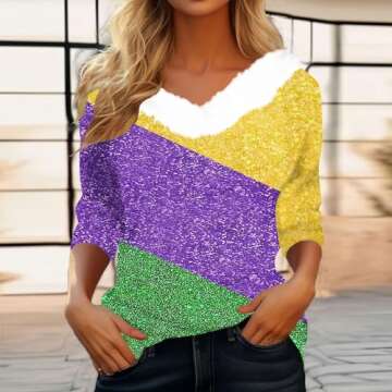 Mardi Gras Shirts for Women 2024 Plus Size Fur Trim Plush Tshirts 3/4 Length Sleeve Womens Tops Mardi Gras Shirts,Purple,Medium