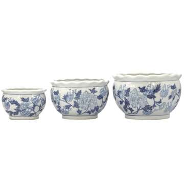 Galt International Blue & White Round Floral Porcelain Ceramic Plant Flower Planter Pot Set of 3 (8", 10", 12") Garden Pots Chinese Asian Design