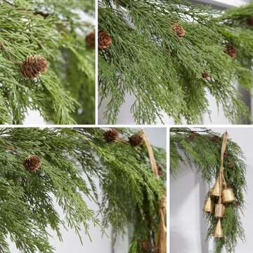 WBHome Real Touch Cypress Cedar & Pine Cone Evergreen Garland for Christmas Holiday Seasonal Outdoor/Indoor Home Decor, 6FT Long