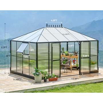 HOWE 14x9.5x9 FT Polycarbonate Greenhouse Double Swing Doors 2 Vents 6FT Added Wall Height, Walk-in Large Winter Greenhouse Sunroom Aluminum Greenhouse for Outdoors, Black