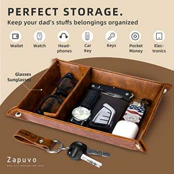 ZAPUVO Best Dad Ever PU Leather Tray and Keychain, Gifts for Dad Christmas Xmas Stocking Stuffers, Unique Dad Birthday Gift from Daughter Son, Men Gift for Father, New Dad Gifts for Husband from Wife