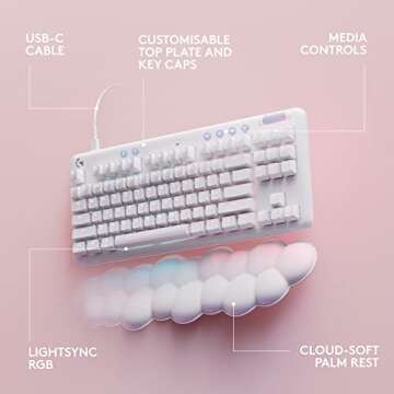 Logitech G713 Wired Mechanical Gaming Keyboard with LIGHTSYNC RGB Lighting, Clicky Switches (GX Blue), and Keyboard Palm Rest, PC/Mac Compatible - White Mist