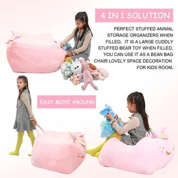 Unicorn Stuffed Animal Toy Storage, Bean Bag Chair Cover ONLY, Velvet Extra Soft Organization Replace Mesh Hammock for Kids Blankets Towels Clothes Home Supplies Pink