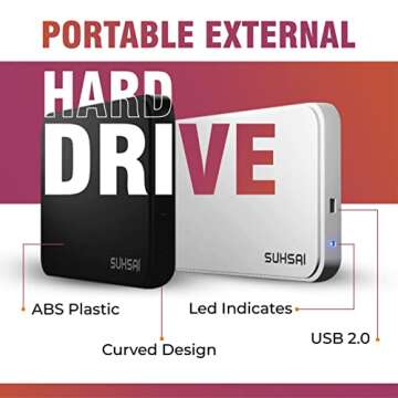 SUHSAI External Hard Drive USB 2.0 Hard Disk Storage and Backup Portable Hard Drive Memory Expansion - Ultra Slim 2.5 inch HDD Compatible with PC, MAC, Laptop, Desktop, Chormebook (250GB, Black)