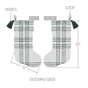 VHC Brands Pine Grove Plaid Christmas Stocking for Christmas Decorations with Hanging Loop Fireplace Holiday Gifts - 12x20, Green White