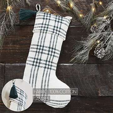 VHC Brands Pine Grove Plaid Christmas Stocking for Christmas Decorations with Hanging Loop Fireplace Holiday Gifts - 12x20, Green White