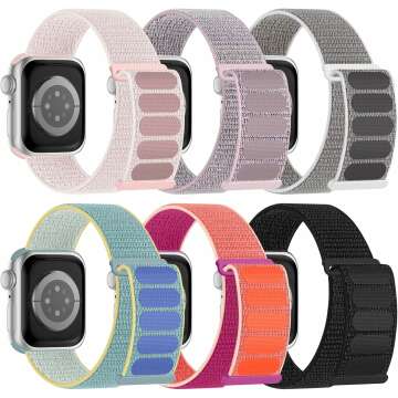 6 Pack Sport Nylon Loop Bands for Apple Watch - Adjustable Straps for All Sizes