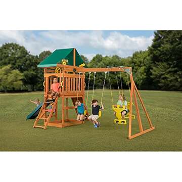 Sky View Cedar Backyard Playset | W: 17'10" D: 9'4" H: 9'9" | w/2-Person Glider & 2 Belt Swings | Binoculars, Steering Wheel & Telescope | Kids Age 3-12 | ASTM Standards | 10-Year Warranty on Wood