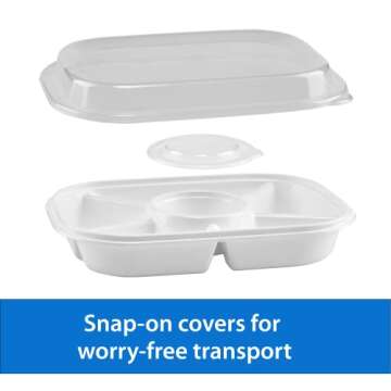 Jumbo Divided Serving Tray With Lid - Includes 6 Bins for Party Platter, Snackle Box Container, Fruit Tray, Veggie Tray, Chip and Dip Bowl, Appetizers, Desserts, Snacks & More (by Buddeez)