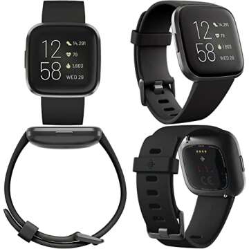 Fitbit Versa 2 Health and Fitness Smart Watch (Black/Carbon) with Heart Rate Monitor, S & L Bands, Bundle with 3.3foot Charge Cable, Wall Adapter, Screen Protectors & PremGear Cloth for Fitbit