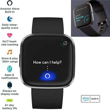 Fitbit Versa 2 Health and Fitness Smart Watch (Black/Carbon) with Heart Rate Monitor, S & L Bands, Bundle with 3.3foot Charge Cable, Wall Adapter, Screen Protectors & PremGear Cloth for Fitbit