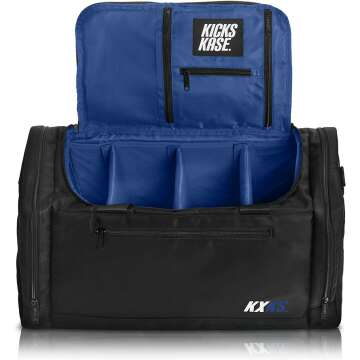 KXKS. (Kicks Kase) Premium Sneaker Bag & Travel Duffel Bag - 3 adjustable compartment dividers - For shoes, clothing and gym (Black/Blue)