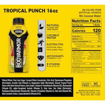 BODYARMOR Sports Drink Sports Beverage, Tropical Punch, Coconut Water Hydration, Natural Flavors With Vitamins, Potassium-Packed Electrolytes, Perfect For Athletes, 16 Fl Oz (Pack of 12)