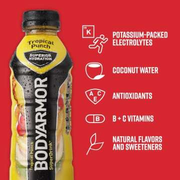 BODYARMOR Sports Drink Sports Beverage, Tropical Punch, Coconut Water Hydration, Natural Flavors With Vitamins, Potassium-Packed Electrolytes, Perfect For Athletes, 16 Fl Oz (Pack of 12)