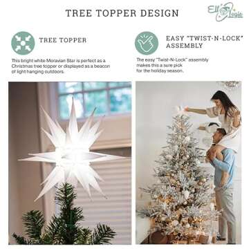 Elf Logic 14” Bright White LED Moravian Star Tree Topper - Hanging Outdoor/Indoor Christmas Tree Star Topper Light - Use as Holiday Decoration, Porch Light, Wedding and Ballroom Venue Decor