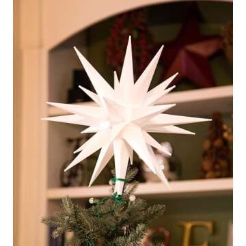 Elf Logic 14” Bright White LED Moravian Star Tree Topper - Hanging Outdoor/Indoor Christmas Tree Star Topper Light - Use as Holiday Decoration, Porch Light, Wedding and Ballroom Venue Decor