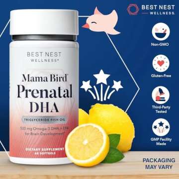 Best Nest Wellness Mama Bird Prenatal DHA - Health Supplement with Omega-3 DHA & EPA - Fish Oil Supplement for Pregnant Women - Supports Fetal Brain & Eye Development - 60 Softgels