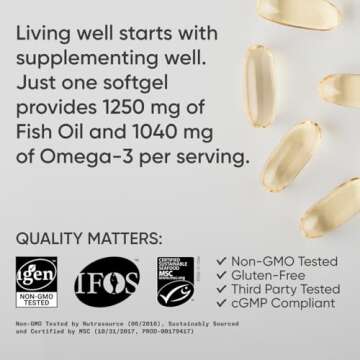 Sports Research Triple Strength Omega 3 Fish Oil - Burpless Fish Oil Supplement w/EPA & DHA Fatty Acids from Single-Source Wild Alaska Pollock - 1250 mg, 180 ct