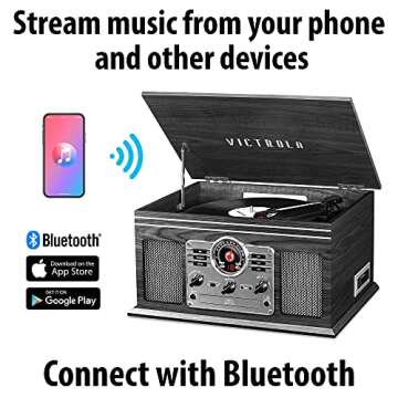 Victrola Nostalgic 6-in-1 Bluetooth Record Player & Multimedia Center with Built-in Speakers - 3-Speed Turntable, CD & Cassette Player, AM/FM Radio | Wireless Music Streaming | Grey | wood