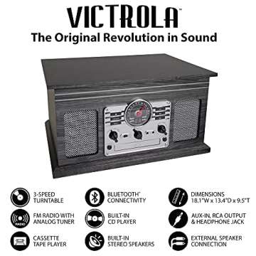 Victrola Nostalgic 6-in-1 Bluetooth Record Player & Multimedia Center with Built-in Speakers - 3-Speed Turntable, CD & Cassette Player, AM/FM Radio | Wireless Music Streaming | Grey | wood