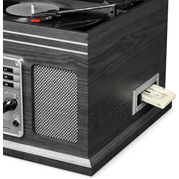 Victrola Nostalgic 6-in-1 Bluetooth Record Player & Multimedia Center with Built-in Speakers - 3-Speed Turntable, CD & Cassette Player, AM/FM Radio | Wireless Music Streaming | Grey | wood