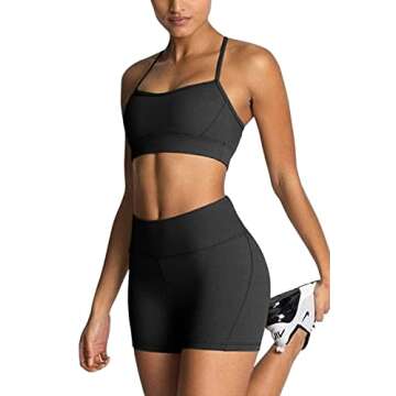 IMEKIS Workout Sets for Women 2 Piece Yoga Outfit: Tracksuits High Waisted Running Biker Shorts with Adjustable Strap Sport Bra Exercise Running Clothes Athletic Gym Sets Matching Active Wear Black S