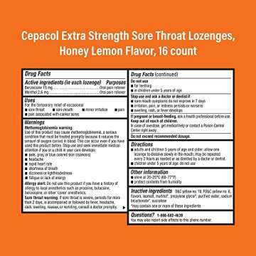 Cepacol Extra Strength Sore Throat Relief Lozenges, Honey Lemon Cough Drops, Maximum Numbing- Fast Acting Sore Throat, Mouth & Canker Sore Pain Relief with Benzocaine & Menthol, 16 Count