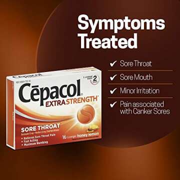 Cepacol Extra Strength Sore Throat Relief Lozenges, Honey Lemon Cough Drops, Maximum Numbing- Fast Acting Sore Throat, Mouth & Canker Sore Pain Relief with Benzocaine & Menthol, 16 Count