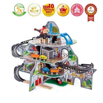 Hape Wooden Railway Mighty Mountain Mine Railway Playset| 4-Level Railway Train Track Playset with Crane and Magnetic Train Cars for Kids