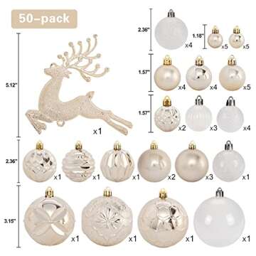 Christmas Tree Ornaments Set, 50 ct Champagne and White Christmas Ornaments Balls for Christmas Tree Decorations Shatterproof Christmas Hanging Ball for Halloween Party Home Decor (Hooks Included)