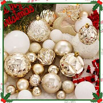 Christmas Tree Ornaments Set, 50 ct Champagne and White Christmas Ornaments Balls for Christmas Tree Decorations Shatterproof Christmas Hanging Ball for Halloween Party Home Decor (Hooks Included)