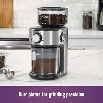 Mr. Coffee Burr Coffee Grinder, Automatic Grinder with 18 Presets for French Press, Drip Coffee, and Espresso, 18-Cup Capacity, Stainless Steel