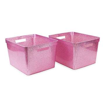 Isaac Jacobs Large Glitter Storage Bin (14” x 11.5” x 8.75”) Set w/Cut-Out Handles, Plastic Organizer, Multi-Functional, Home Storage Solution, Kids Playroom, Bedroom, Closet (2, Pink)