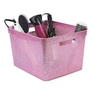 Isaac Jacobs Large Glitter Storage Bin (14” x 11.5” x 8.75”) Set w/Cut-Out Handles, Plastic Organizer, Multi-Functional, Home Storage Solution, Kids Playroom, Bedroom, Closet (2, Pink)