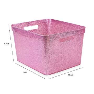 Isaac Jacobs Large Glitter Storage Bin (14” x 11.5” x 8.75”) Set w/Cut-Out Handles, Plastic Organizer, Multi-Functional, Home Storage Solution, Kids Playroom, Bedroom, Closet (2, Pink)