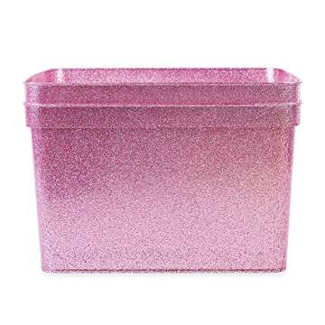 Isaac Jacobs Large Glitter Storage Bin (14” x 11.5” x 8.75”) Set w/Cut-Out Handles, Plastic Organizer, Multi-Functional, Home Storage Solution, Kids Playroom, Bedroom, Closet (2, Pink)