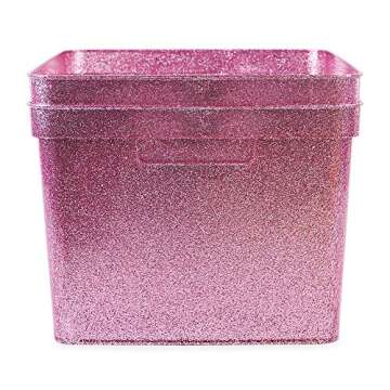 Isaac Jacobs Large Glitter Storage Bin (14” x 11.5” x 8.75”) Set w/Cut-Out Handles, Plastic Organizer, Multi-Functional, Home Storage Solution, Kids Playroom, Bedroom, Closet (2, Pink)