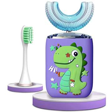 Kids Electric Toothbrush U Shape Dinosaur Ultrasonic Automatic Toothbrush with Replacement Soft Bristles Heads Six Modes 360°Oral Cleaning IPX7 Waterproof Smart Rechargeable Toothbrush (2. Green)